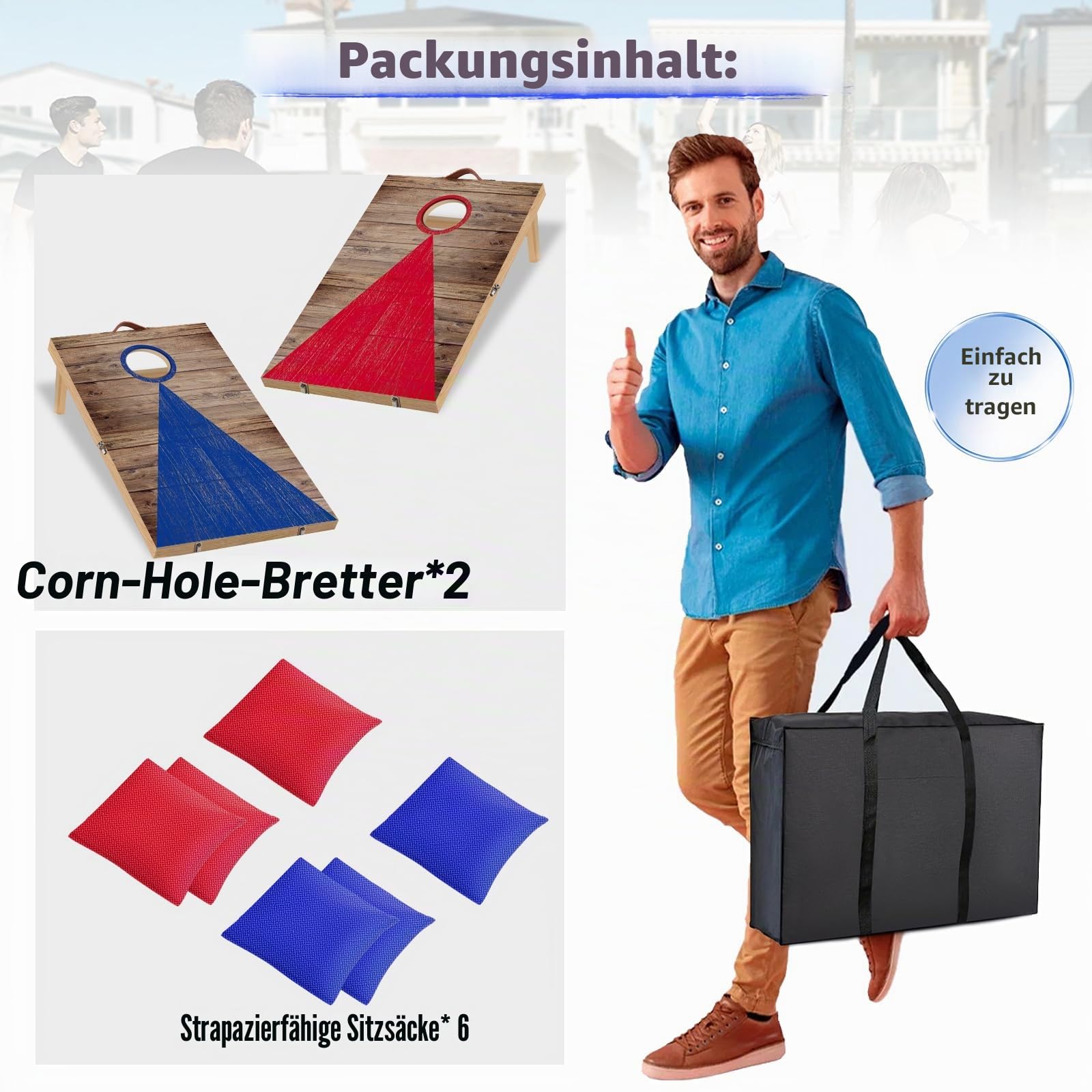 NZQXJXZ Cornhole Spiel Outdoor, 60 x 40 cm Massivholz Premium Corn Hole Boards mit 6 Cornhole Säckchen und Einer Tragetasche, Tragbar Cornhole Toss Set für Familie und Erwachsene