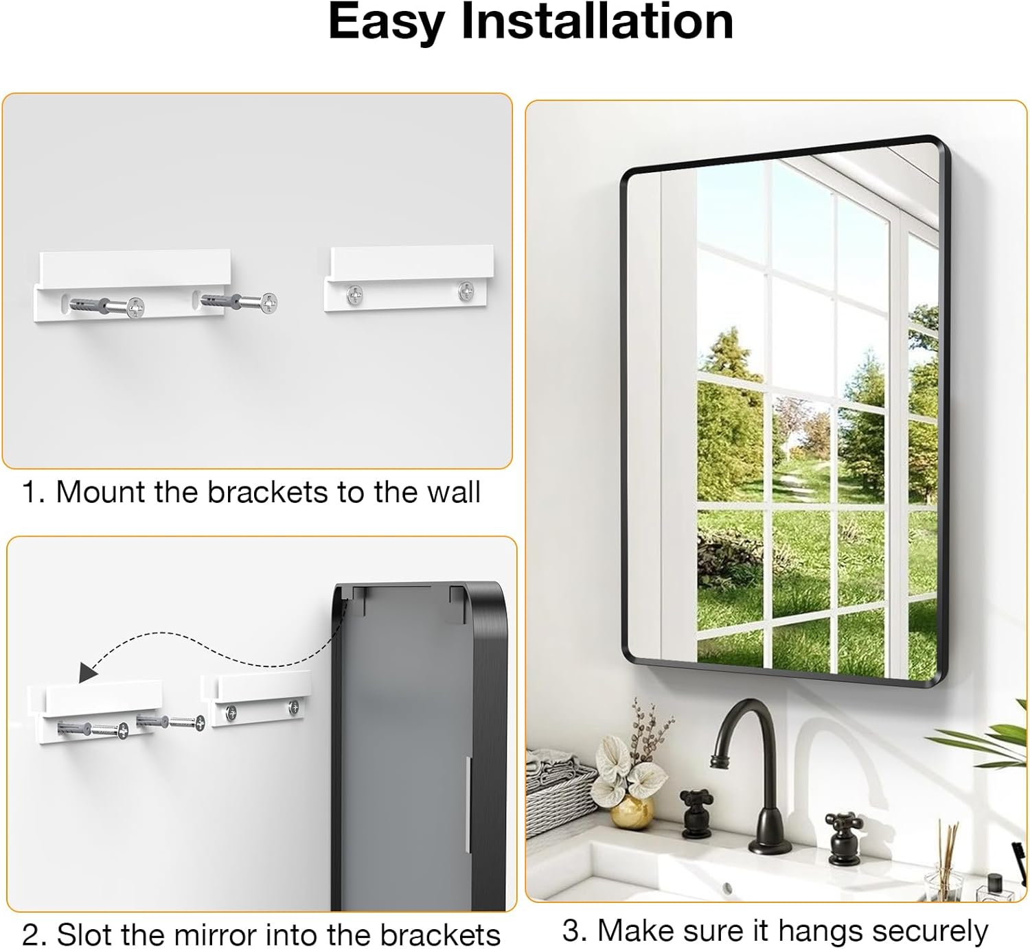 24x36 inch Black Bathroom Mirror, Metal Framed Rounded Rectangle Wall Mount Vanity Mirror, HD Tempered Glass, Aluminum Frame, Horizontal or Vertical Hanging, Modern Home Decor