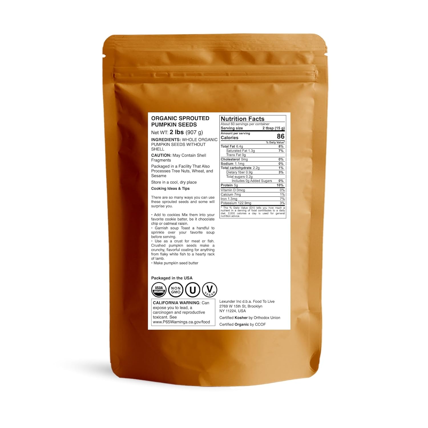 Food to Live Organic Sprouted Pumpkin Seeds, 2 Pounds Non-GMO, Raw Kernels, No Shell, Unsalted, No Oil, Vegan Kosher, Bulk. Keto Snack. High in Protein, Omega Fats. Topping for Salads, Oats, Yogurt
