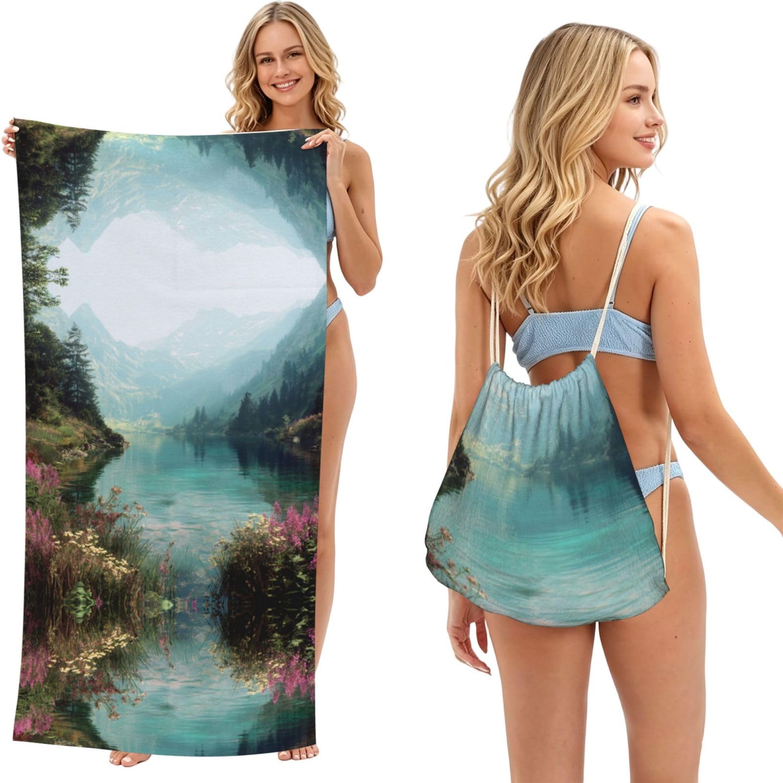 ESNAIUVCD Lake Scenery Print Beach Towel For Adults,Towel With Drawstring Bag, Travel Pool Swimming Sports Shower Sand Free Quick Dry Bath Towel For Pool, Beach, Yoga- 180x60cm