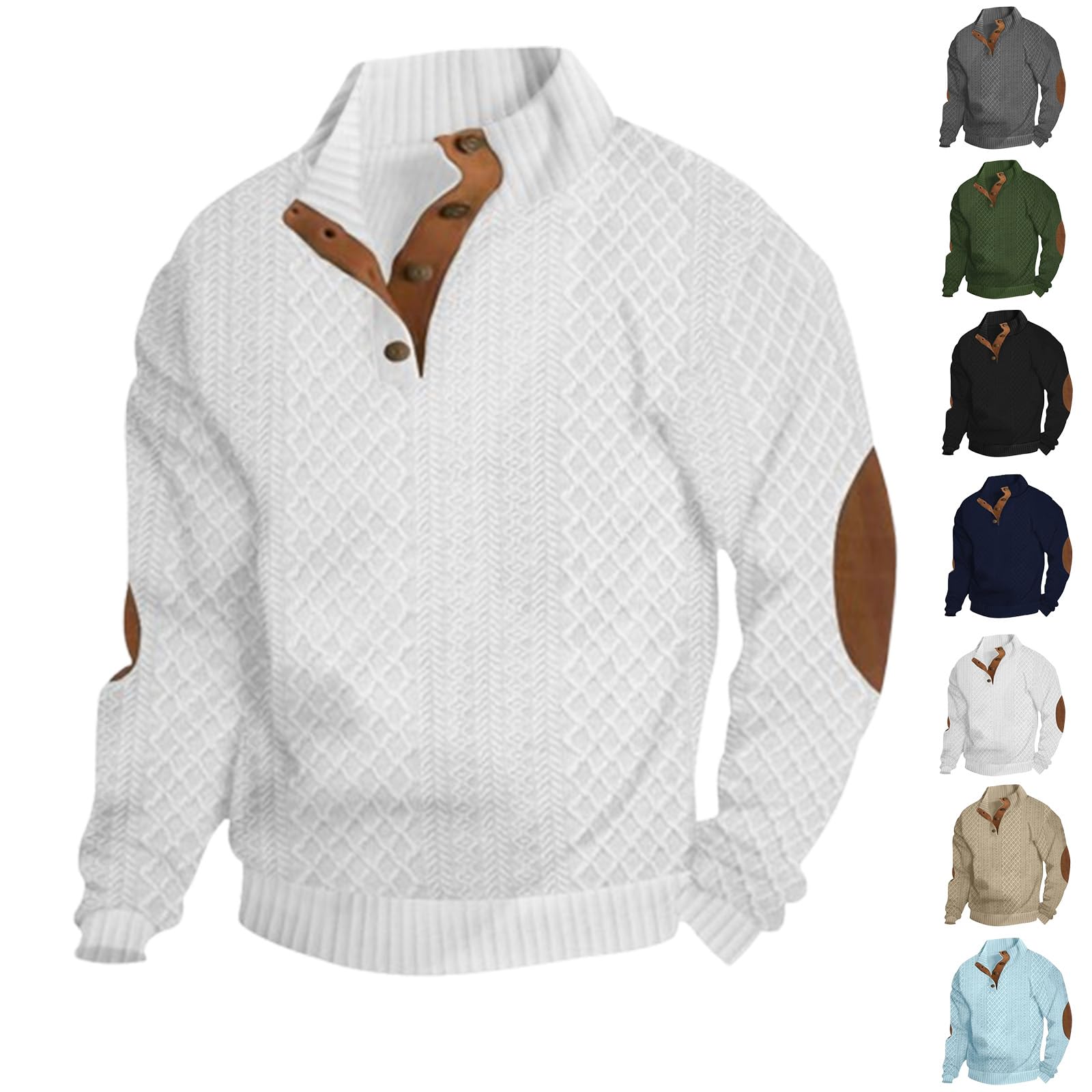 Qingxingfa Men's White Outdoor Casual Stand Cashmere Button Long Sleeve Sweater, Cable Knit Classic High Collar Pullover (,Xl)