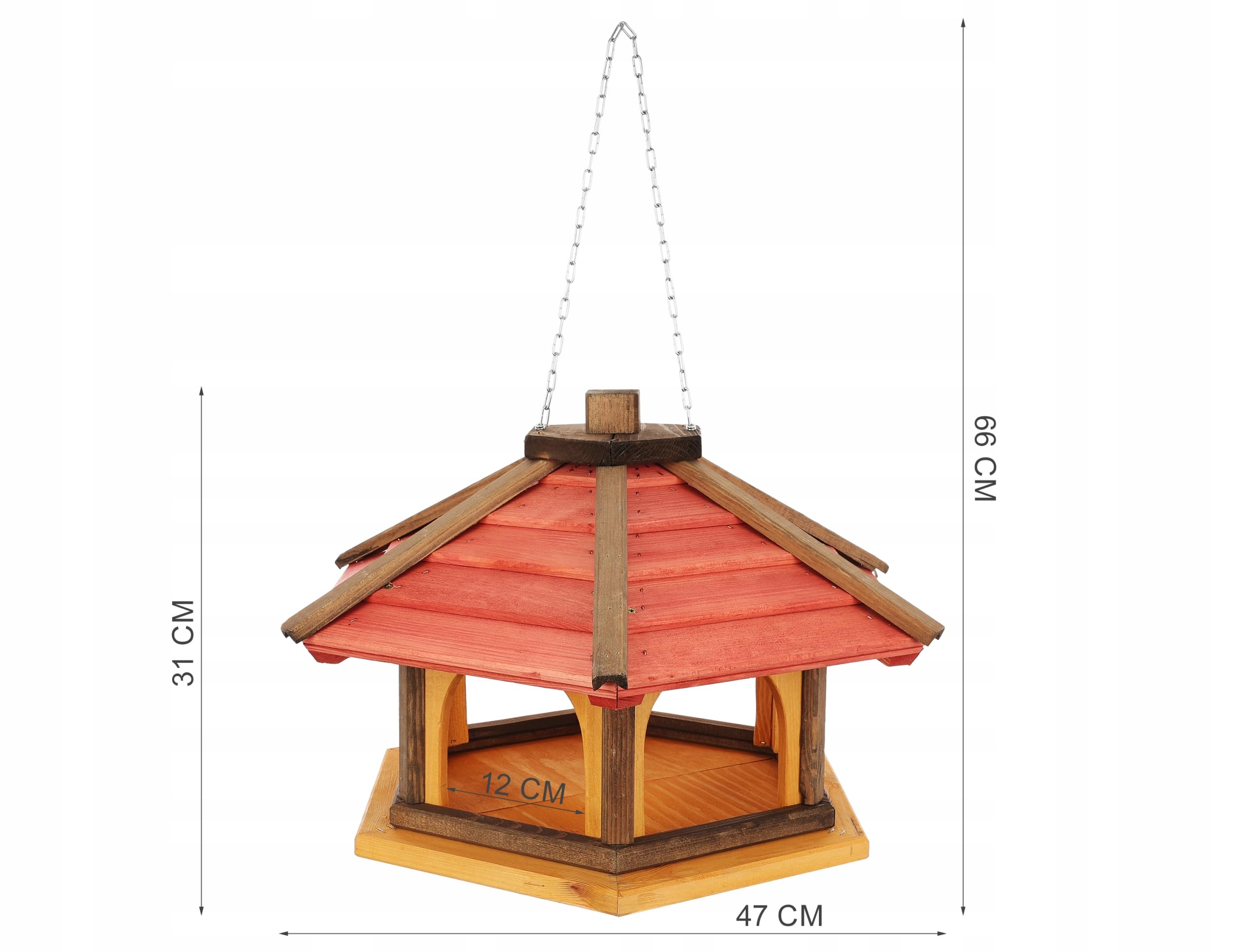 MAZUR Vogelfutterhaus mit Kette 47x31x66 cm Holz Rote Futterhütte zum Hängen im Garten, Hängen Wildvögel für Balkon, Wetterfest