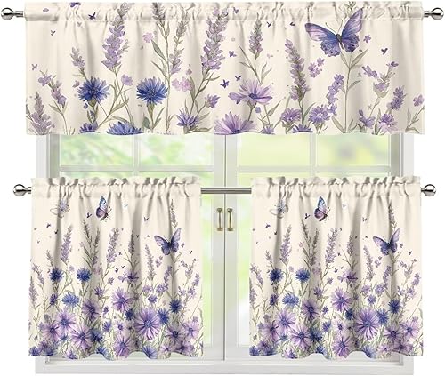 Miniatura 7 de Cortinas de Cocina con Colibríes y Flores, Cortinas de Ventana con Cenefa y Niveles Juego de 3, Cortinas Cortas con Bolsillo para Barra, Cortinas