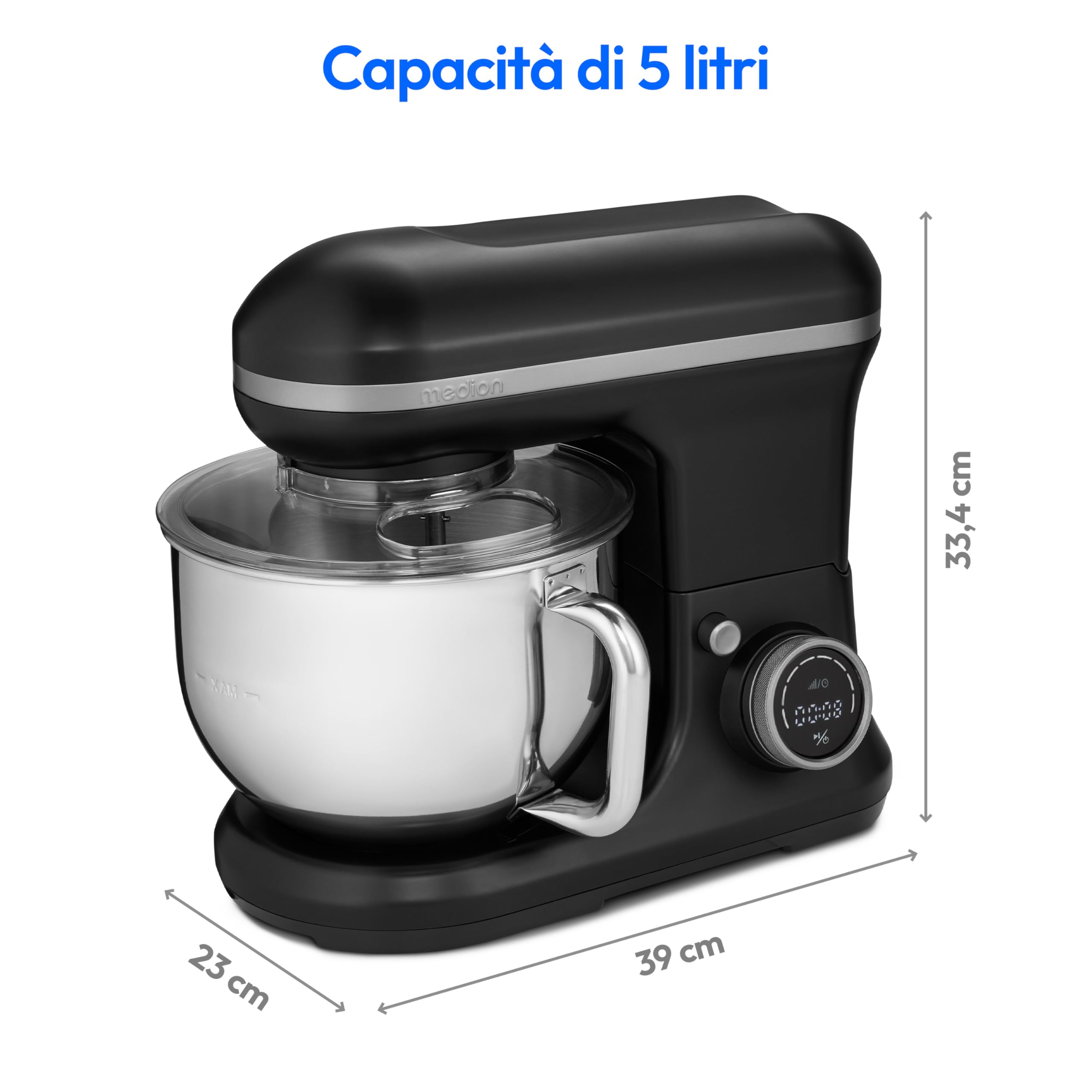 MEDION Robot da cucina (1.200 watt, 8 impostazioni, miscelare impastare mescolare, display digitale, ciotola in acciaio inox da 5 litri, ciotola per la preparazione del gelato, MD18420) nero