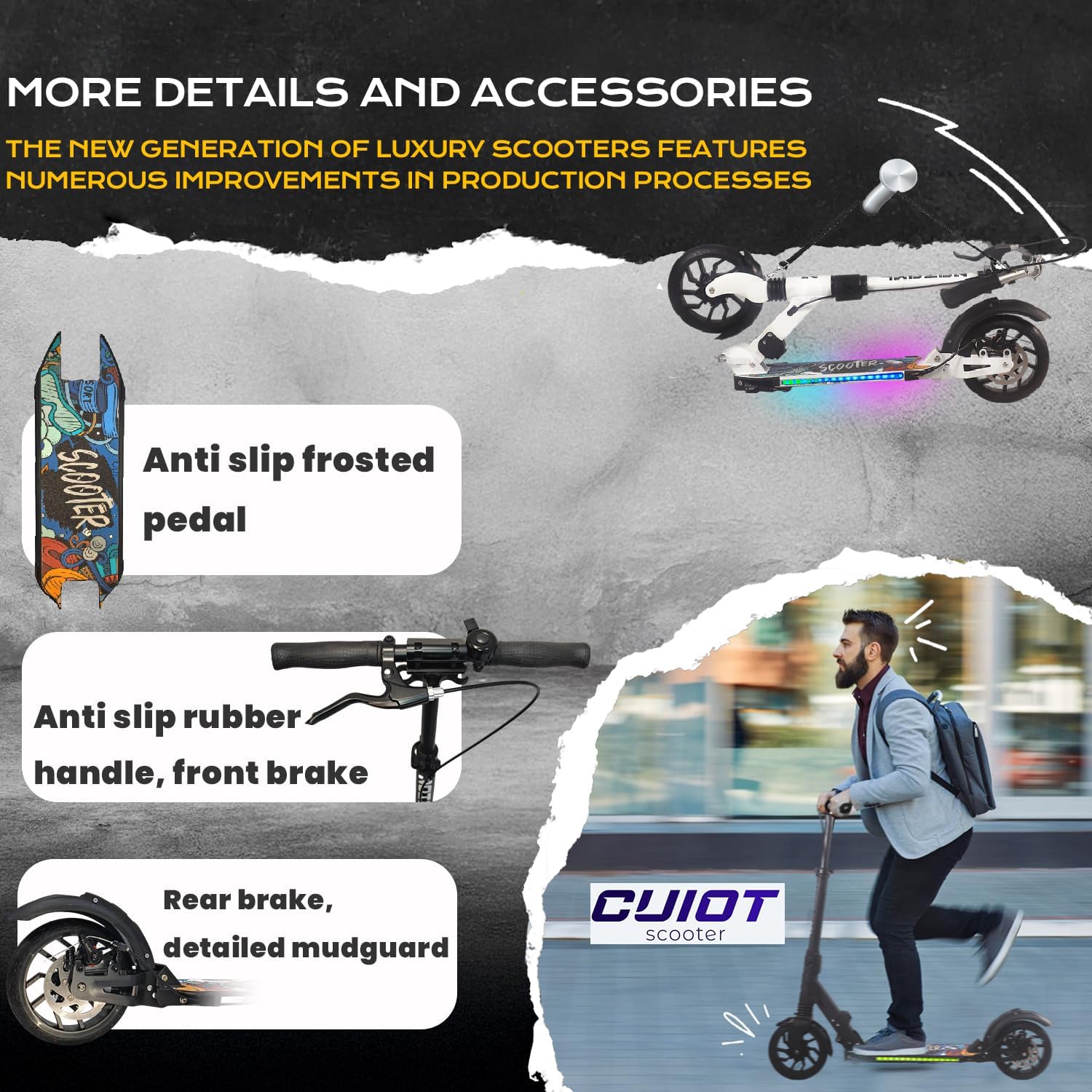 Kick Scooter for Kid Ages 6+,Teens & Adults w/Light Up Deck, Adjustable Handlebar, Foldable Big Wheels Scooter, Commuter Adult Scooters with Hand Brake & Shock Absorption, Max Load 300 LBS