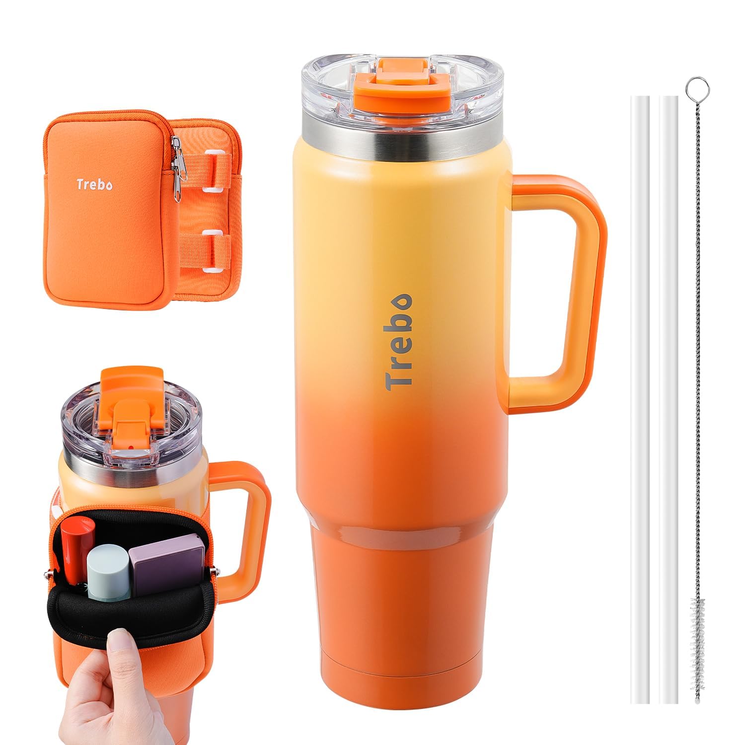 Trebo40 oz Tumbler with Handle, Insulated Cup with Straw Leak-proof 2-in-1 Lid,Stainless Steel Coffee Mug for Cup Holder with Small Pouch, Metal Travel Flask Gifts for Her/Him,Keep Cold Hot,Orange