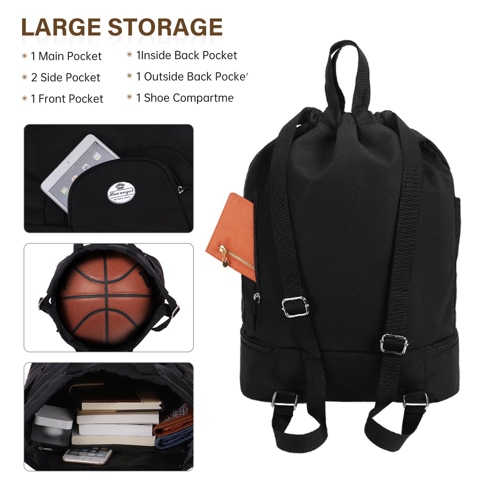 HUA ANGEL Unisex Drawstring Backpack Sports Gym Bag Drawstring Bag Weekend Daypack with Shoe Compartment for Women Men Basketball Football Outdoor Fitness Yoga Swimming Beach - Image 3