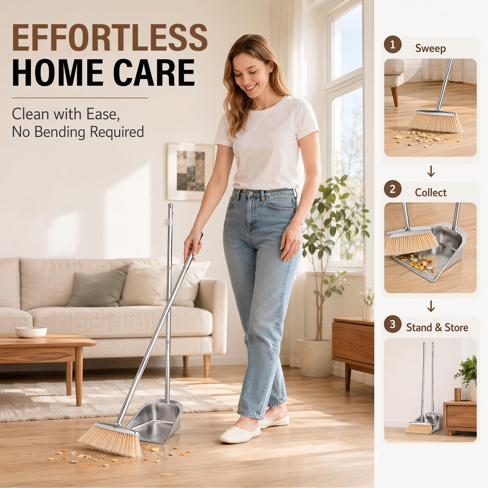 Juego de escoba y recogedor con mango largo (118 cm), pala y escoba de acero inoxidable, ajustable y altamente eficiente para interior/exterior, oficina, porche
