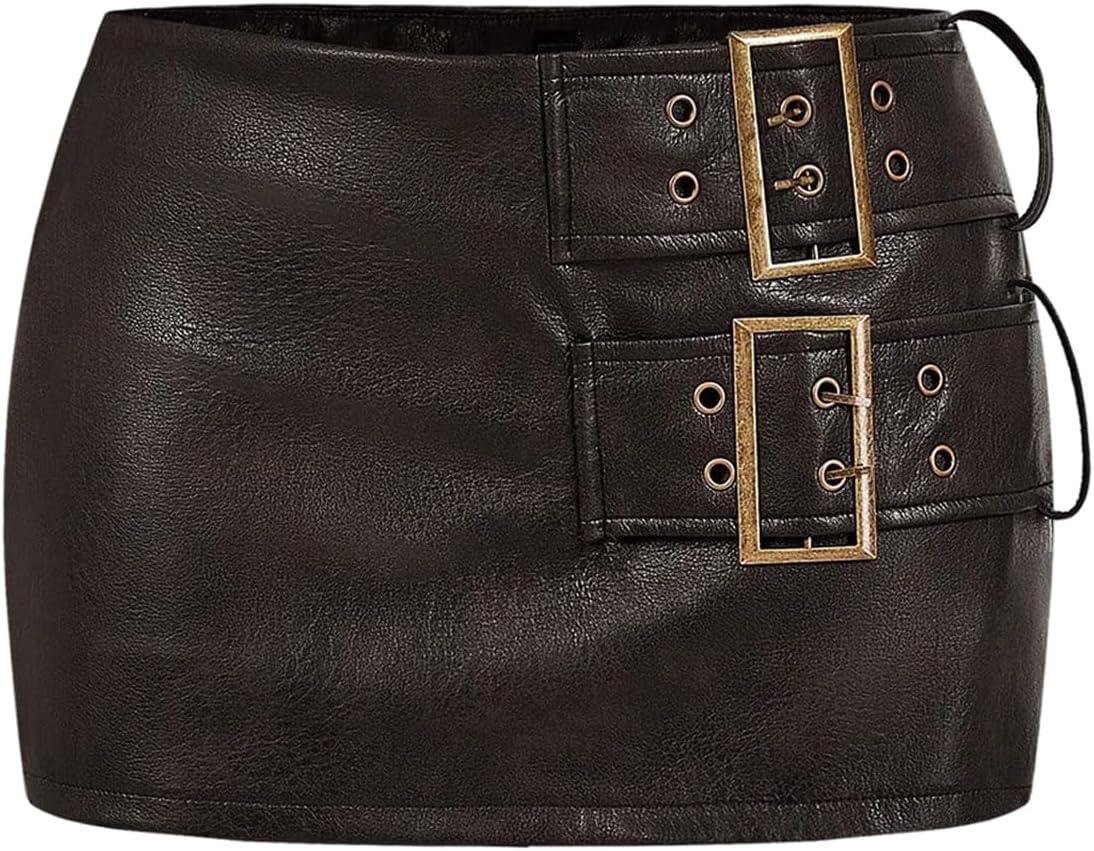 SOLY HUX Women's PU Leather Mini Skirt Low Rise Pleather Skort Buckle Bodycon Party Club Skirts with Shorts Underneath