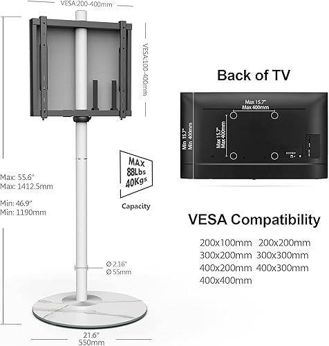 Miniatura 7 de FITUEYES Soporte de TV esquinero de diseño para 32 a 65 pulgadas, soporte de TV blanco moderno de mediados de siglo con base de vidrio texturizado