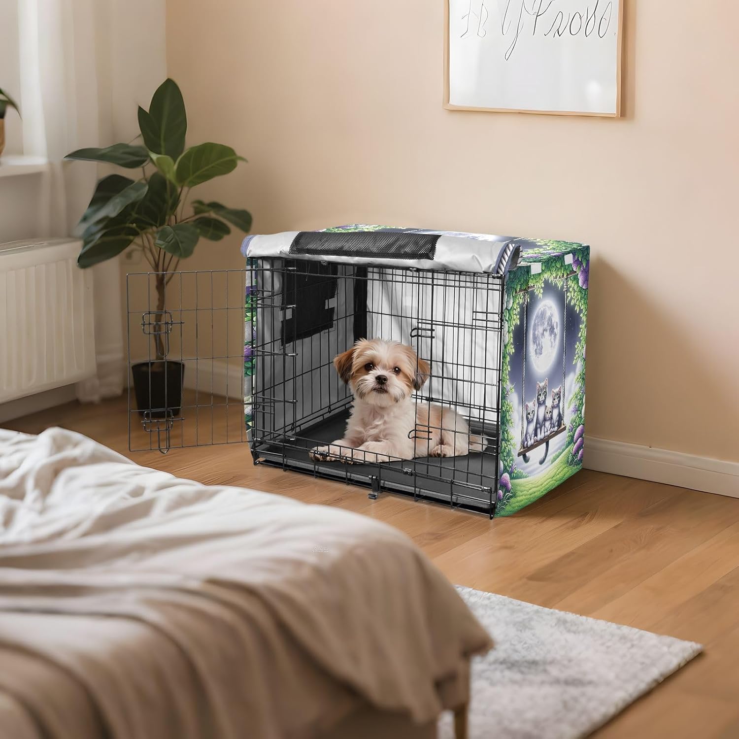 Cute Cats Flowers Pet Cage Cover with Mesh Windows, Breathable Dog Crate Cover Indoor Use, Large