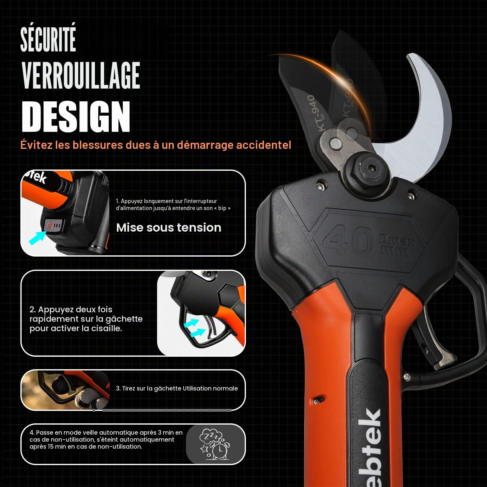 Kebtek Sécateur électrique sans fil de 40 mm avec tige d'extension, moteur sans balais 18 V, 2 Ah, batterie rechargeable, écran LCD (KT940-SET)
