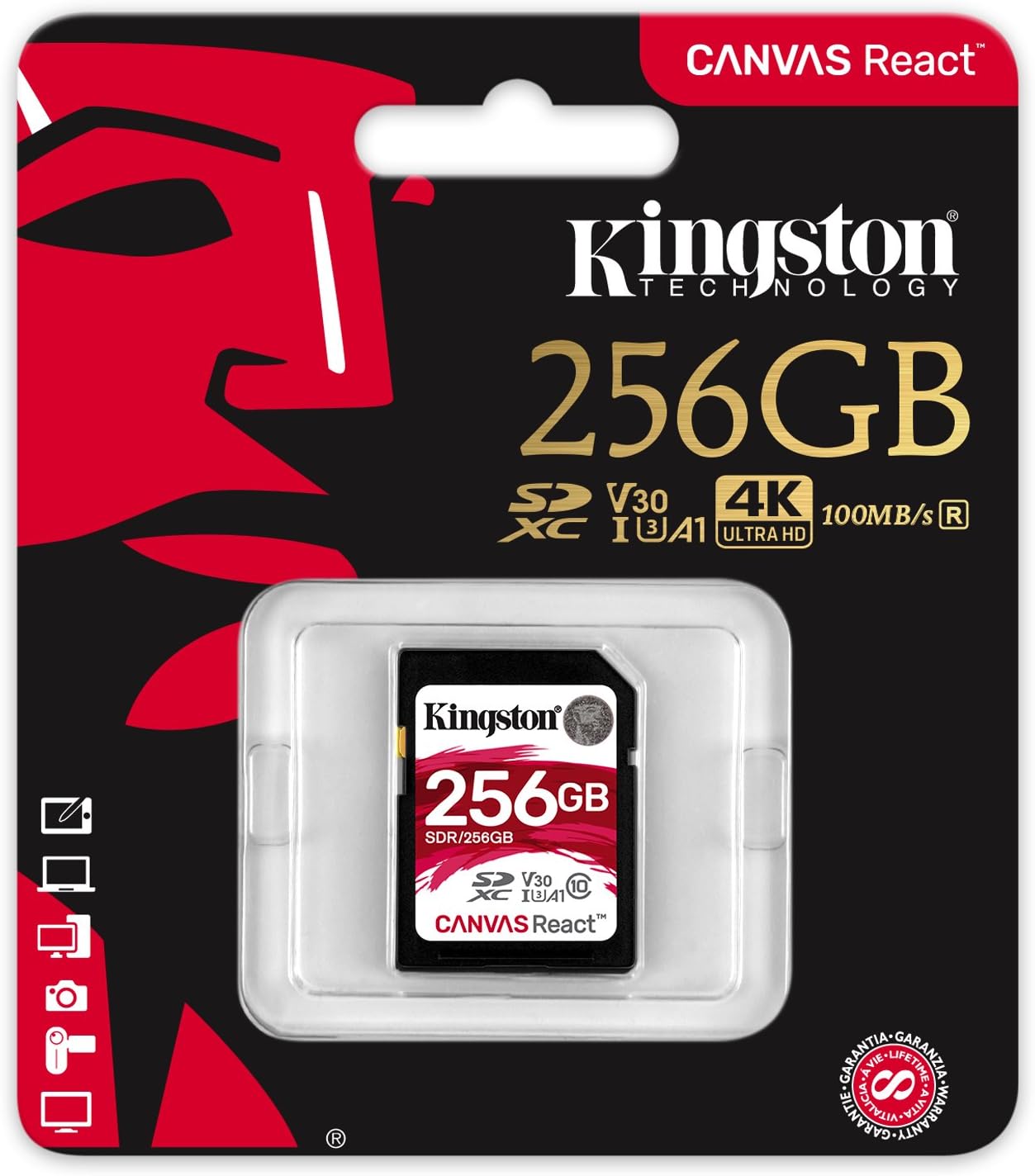 Kingston Canvas React 256GB SDXC Class 10 SD Memory Card UHS-I 100MB/s R Flash Memory High Speed SD Card (SDR/256GB)