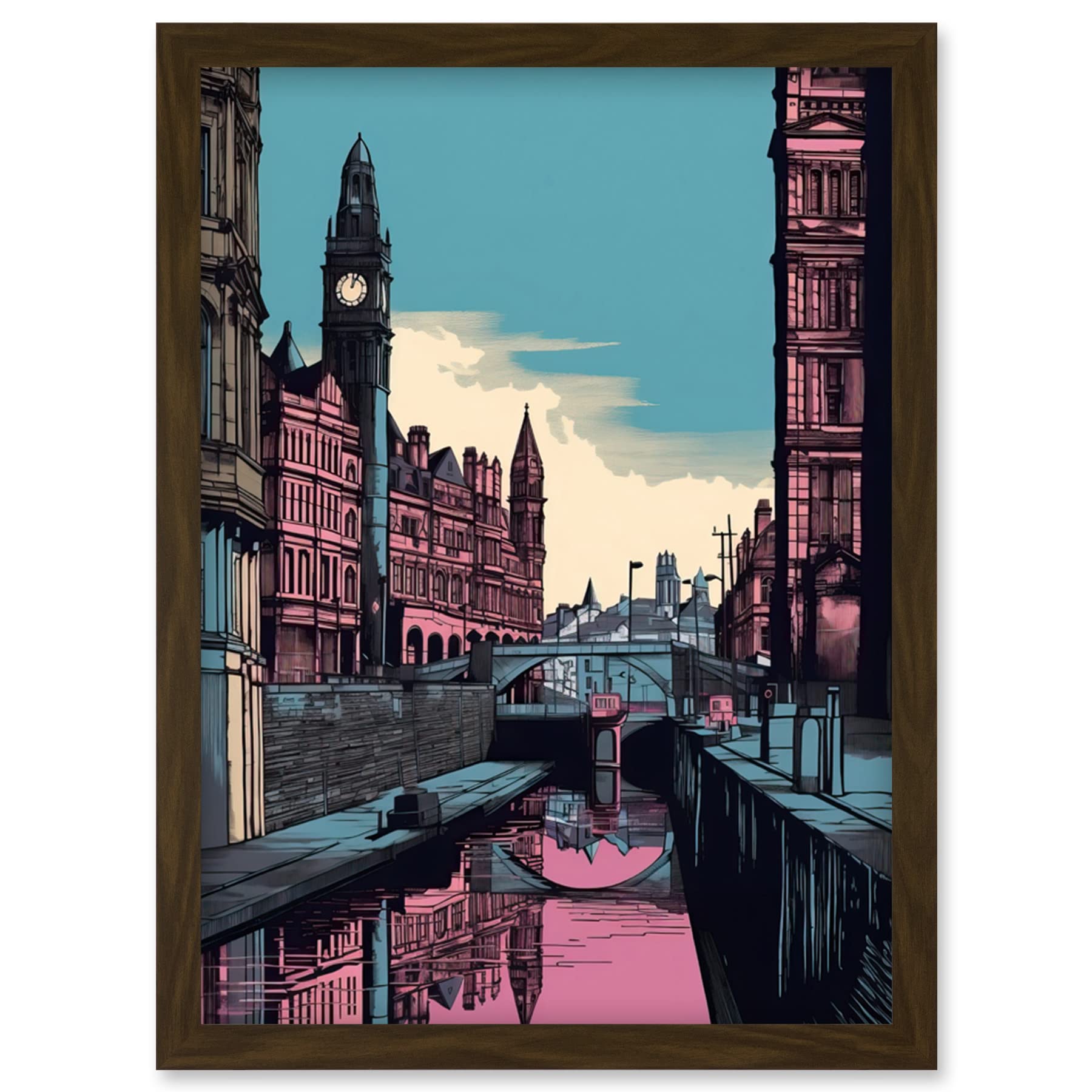 Artery8 Leeds Canal Cityscape Pink and Teal Illustration Artwork Framed Wall Art Print A4