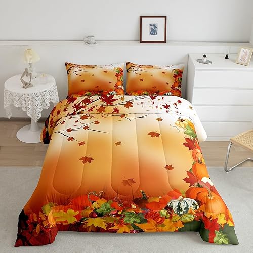 Miniatura 10 de Juego de ropa de cama de calabaza, juego de edredón geométrico a cuadros para niños y niñas, decoración de festival de calabaza de otoño, juego de