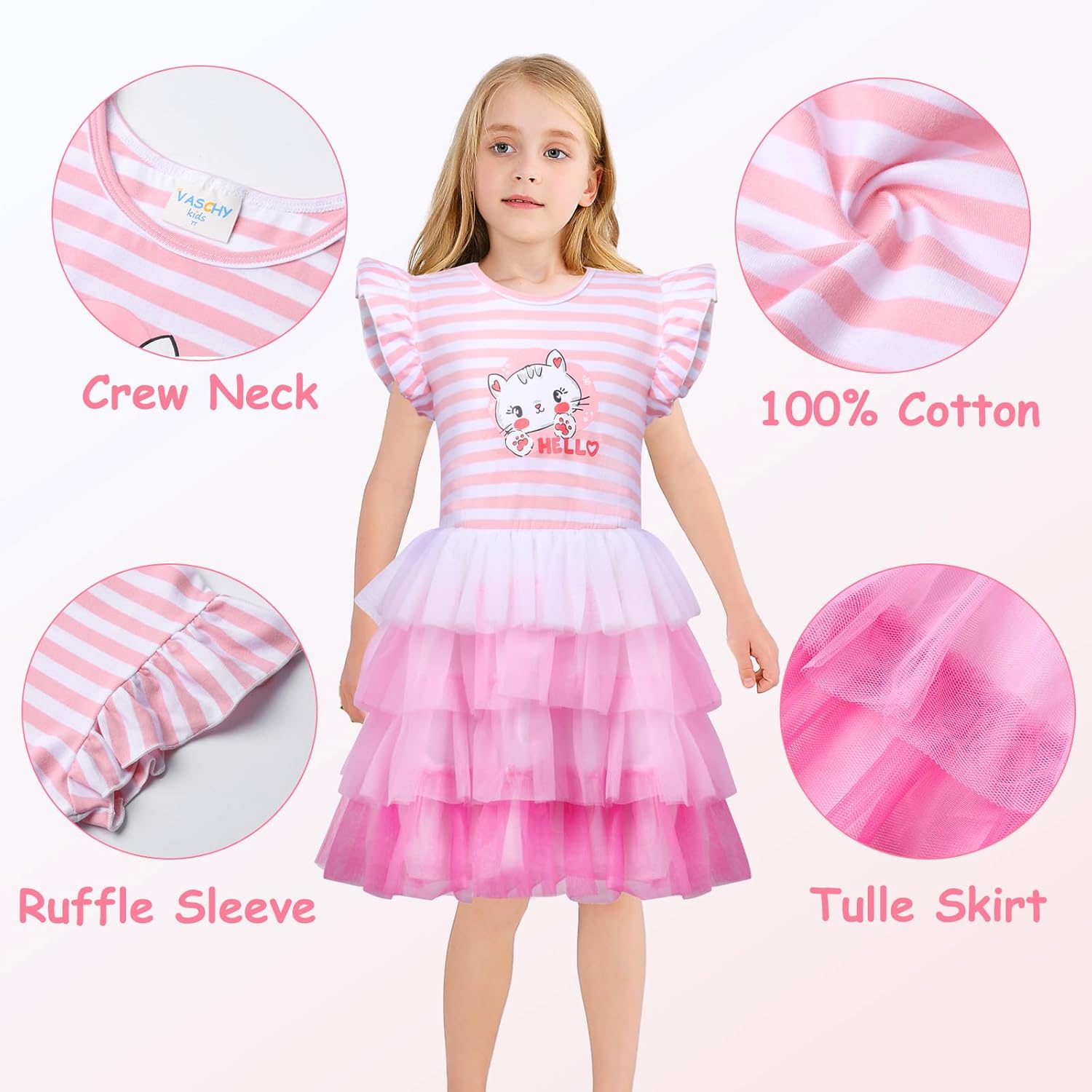 VASCHY Summer Tulle Dress Cotton Ruffle Sleeve Tutu Princess Dress Birthday Outfit Clothes for Toddler/Little/Big Kid Girls - Image 5