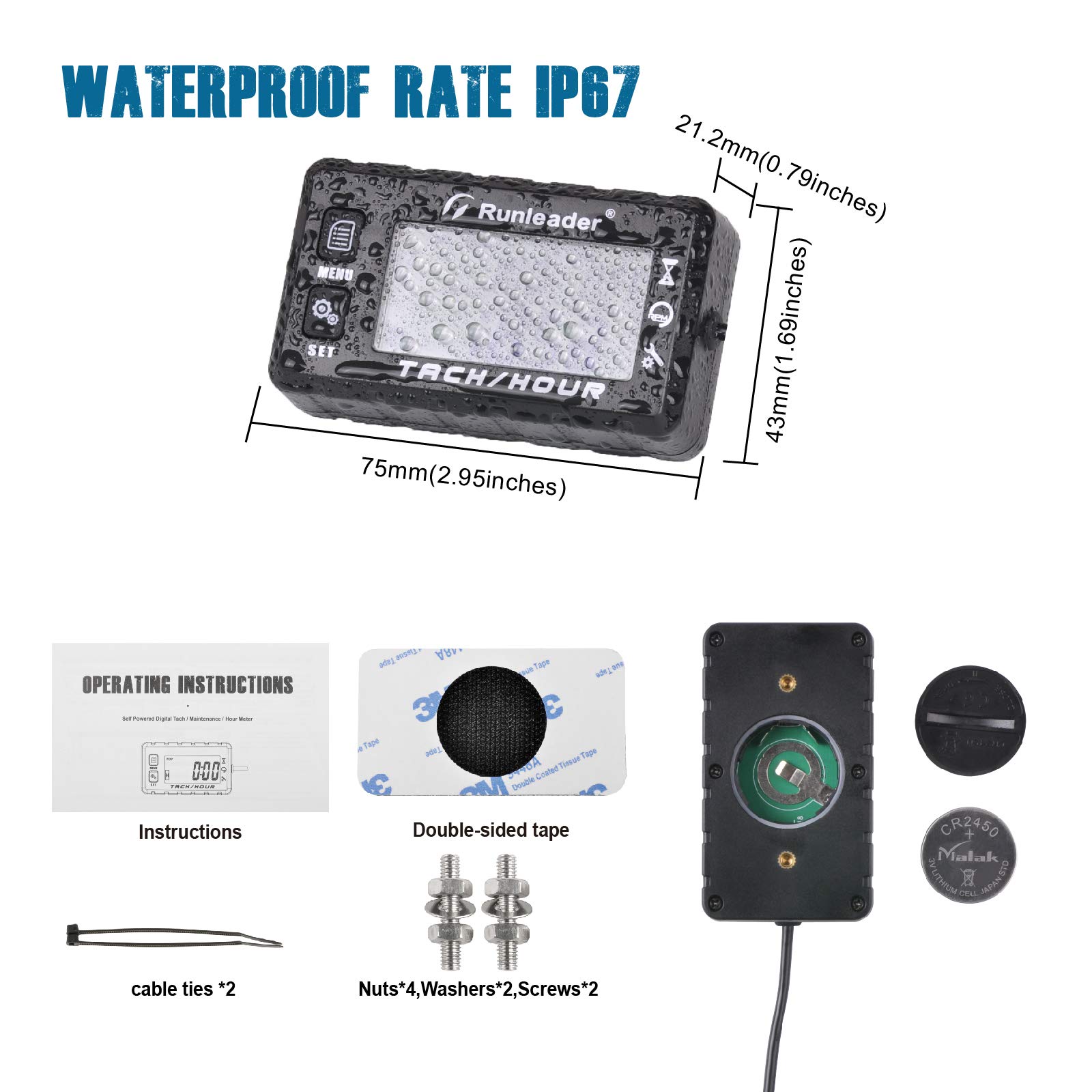 Runleader Digitaler Drehzahlmesser für kleine Motoren,Größeres LCD-Mehrfarbendisplay,RPM-Warnung,Batterie austauschbar,Anzeige mit weißer und roter Hintergrundbeleuchtung,Rasenmäher-Schneemobilen（BK）