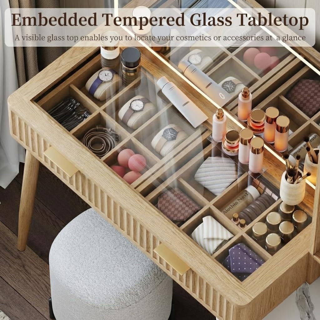 Vanity Desk - Makeup Vanity Desk with Mirror and Lights, Wooden Dressing Table with Mirror, White Vanity with Lighted Mirror, Makeup Desk with Drawers, Bedroom Vanity