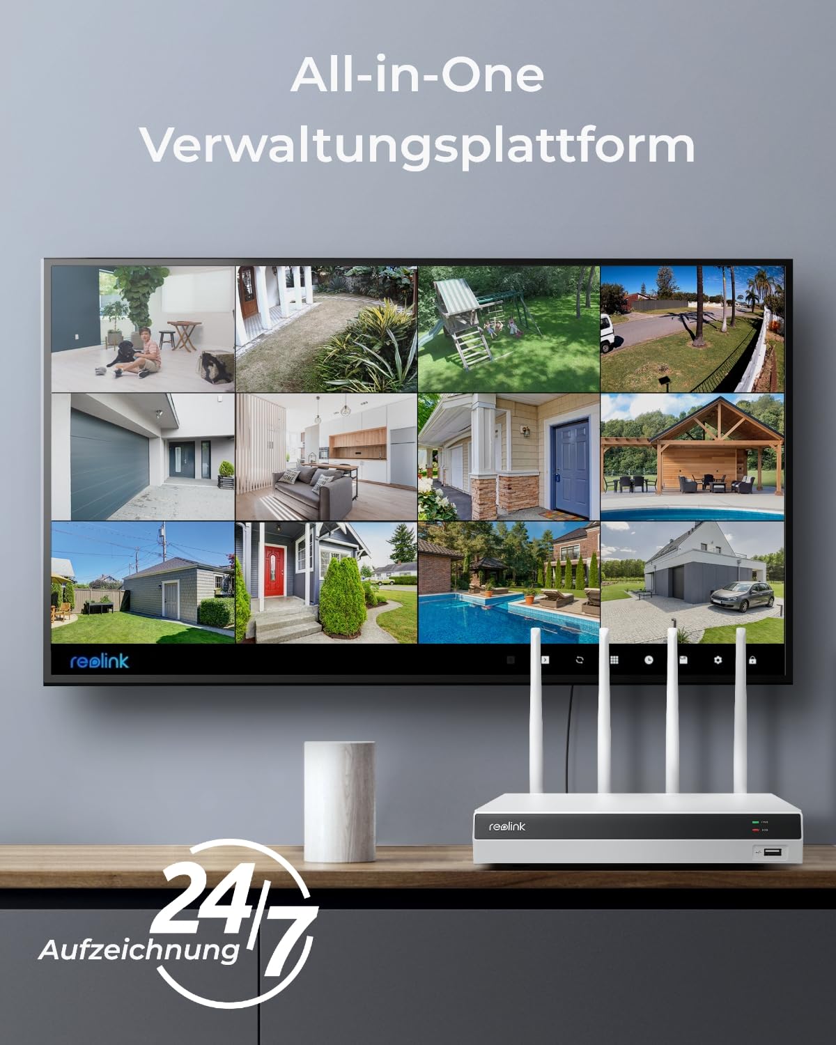 Reolink 4K Wi-Fi 6 PT Überwachungskamera Set, 4stk WLAN-Kameras Outdoor mit 355° Pan & 50° Tilt, Bewegungsverfolgung, Smart-Erkennung, Farbnachtsicht, 12-Kanal Wi-Fi NVR mit 2TB HDD (RLK12-800WPT4)