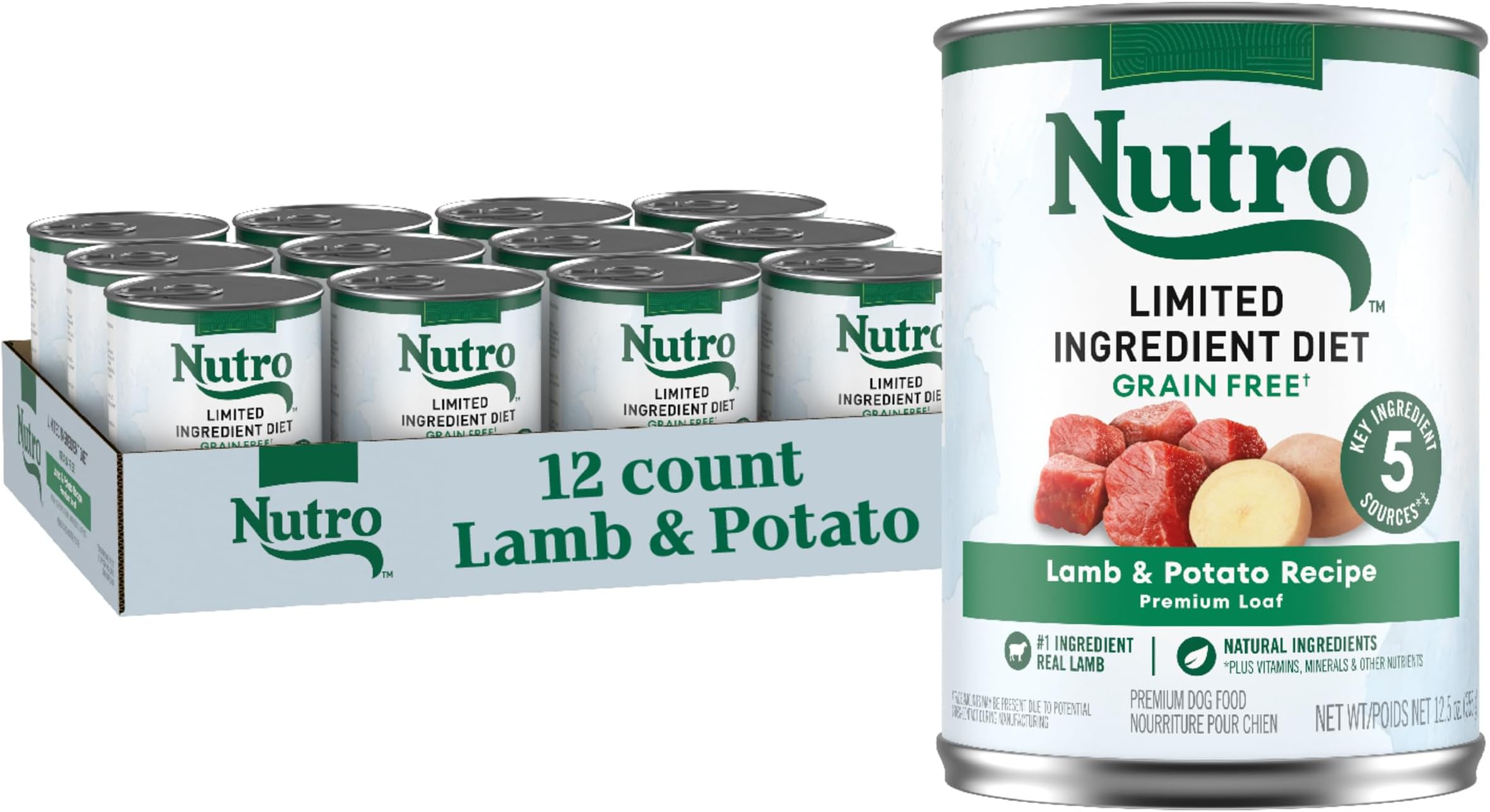 NUTRO Limited Ingredient Diet Adult Canned Soft Wet Dog Food Premium Loaf Lamb & Potato Recipe, 12.5 oz. Cans (12 Count, Pack of 1)