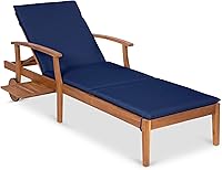 Best Choice Products Acacia Wood Chaise Lounge Chair - Adjustable Recliner w/ Slide-Out Table, Cushions & Wheels for Patio Poolside - Navy Blue