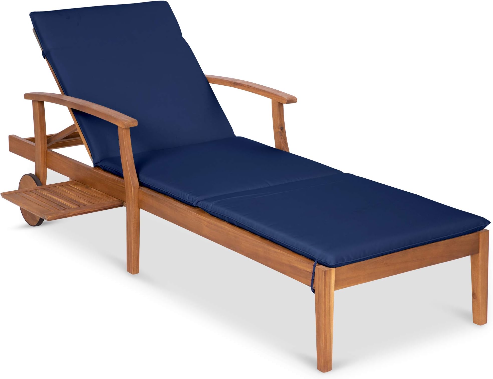Best Choice Products 79x30-inch Acacia Wood Chaise Lounge Chair Recliner, Outdoor Furniture for Patio, Poolside w/Slide-Out Side Table, Foam-Padded Cushion, Adjustable Backrest, Wheels - Navy Blue