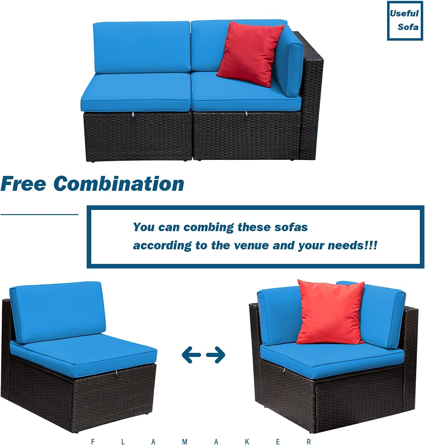 Flamaker 2 Pieces Patio Furniture Set Outdoor Loveseat All Weather PE Rattan Sofa Chair Set Corner Sofa Armless Sofa with Padded Soft Cushion (Blue)