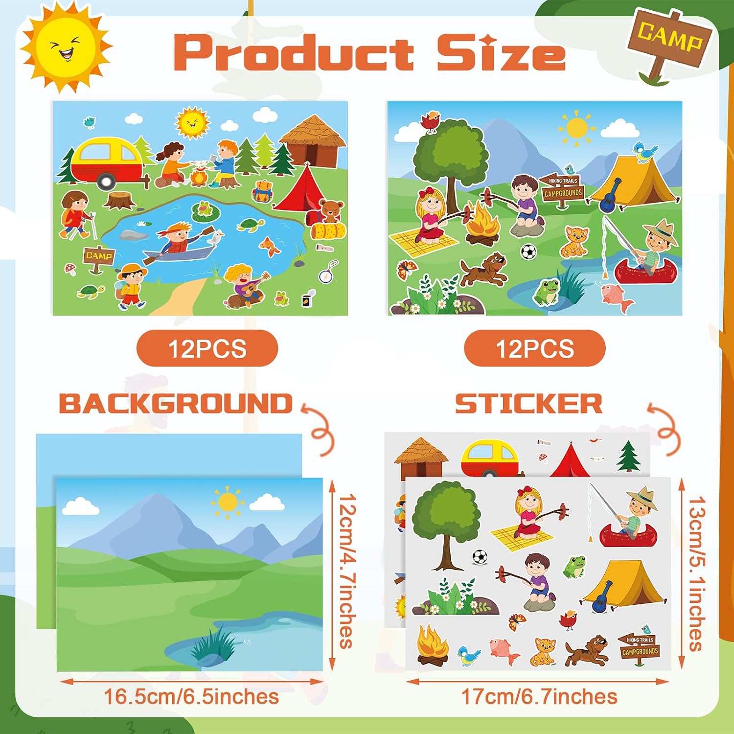 Frienda 24 Set Camp Scene Mini Stickers Outdoor Summer Camping Adventure Craft Sticker Kit 6.5 x 4.7 Inch VBS Party Supply for DIY Craft Sunday School Decor Educational and Learning Activity