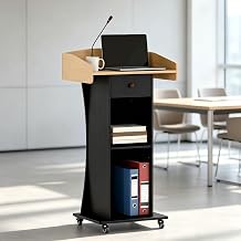 Portable Podium Stand with Metal Wheels, Rolling Podium with Drawer and Adjustable Shelf, Mobile Pulpit for Church, Wooden Lectern for Classroom Office Restaurant Conference Oak Black
