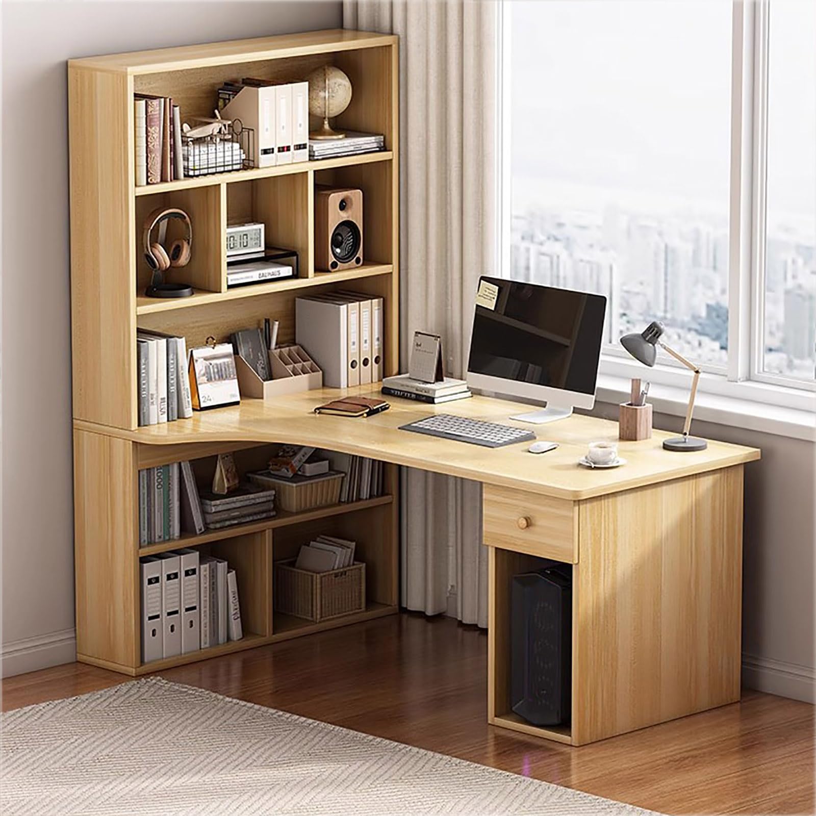 Amazon | QQXX モダンL字型デスク 収納棚付き 木製コーナーデスク 棚