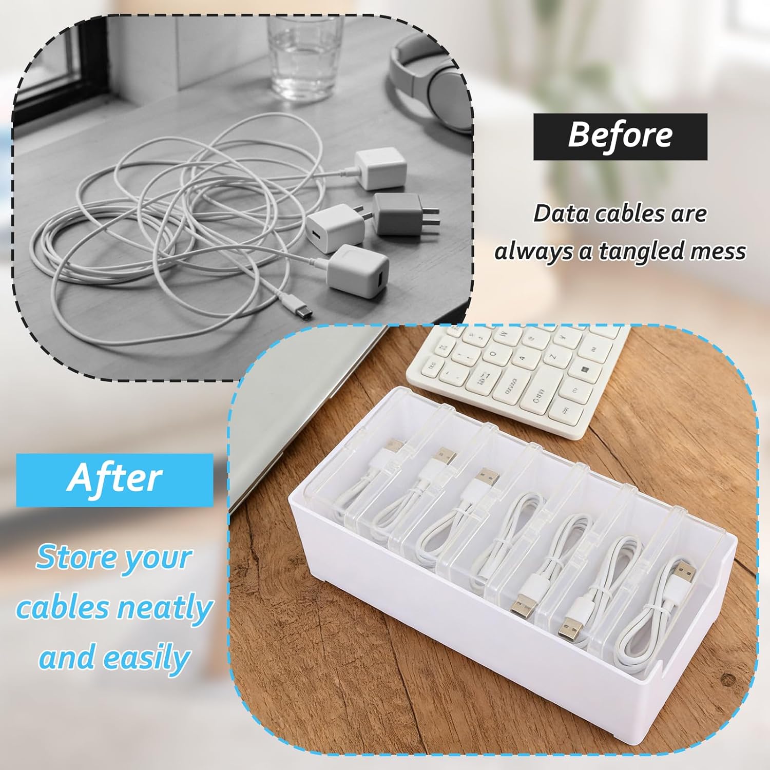 4 Set Cable Organizer Box with 7 Clear Switch Case Power Cord Organizer Desktop Cable Management Box Desktop Charger Cord Storage Organizer Box for Office Home Desk Accessories Stationery Supplies