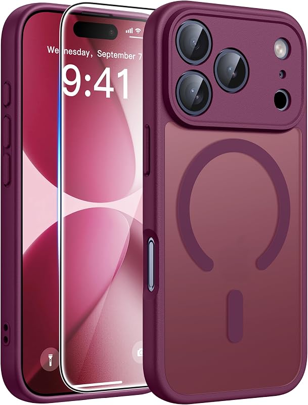 FNTCASE for iPhone 17-Pro Case Wine Red: Translucent Fit for MagSafe | With Screen Protector, Magnetic Full Camera Protection Slim Cases, 14FT Military Grade Drop Tested, Matte Shockproof Cover