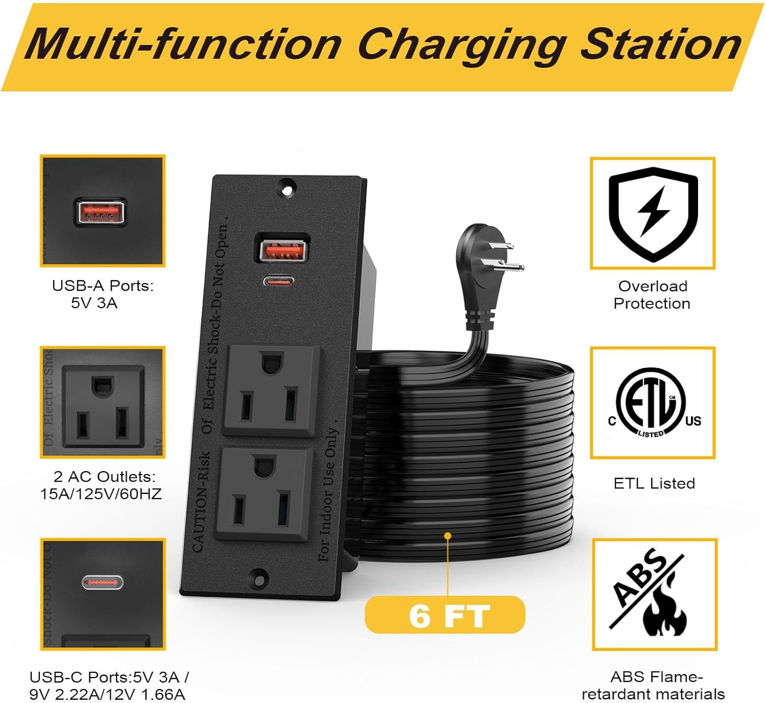 Recessed Power Strip, Flat Plug Furniture Table Outlets with USB C 20W and 1 USB A Port for Multiple Devices, 6ft Extension Cord, 20W Power Delivery Charging for Home, Office, Dorm Essential