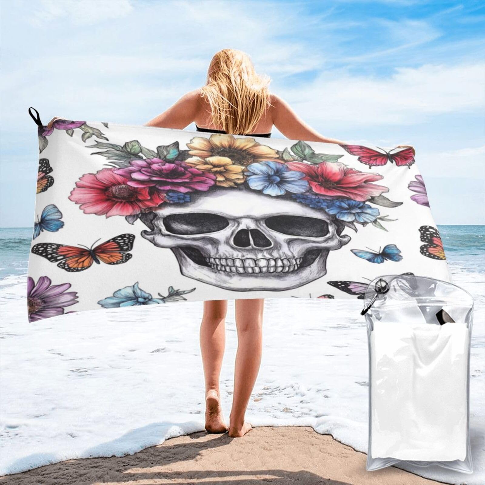 Anceky Skull with Floral Crown, Butterflies, and Flowers Quick Dry Microfiber Travel Towel with Carry Case and Carabiner 31.5"X63"