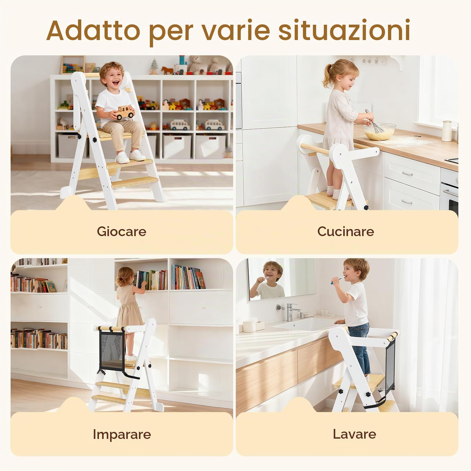 Torre di Apprendimento Pieghevole per Bambini con borsa a rete,2 Altezze Regolabili,Torre Montessoriana di Apprendimento da 1 a 6 Anni per Bambini Montessori Learning