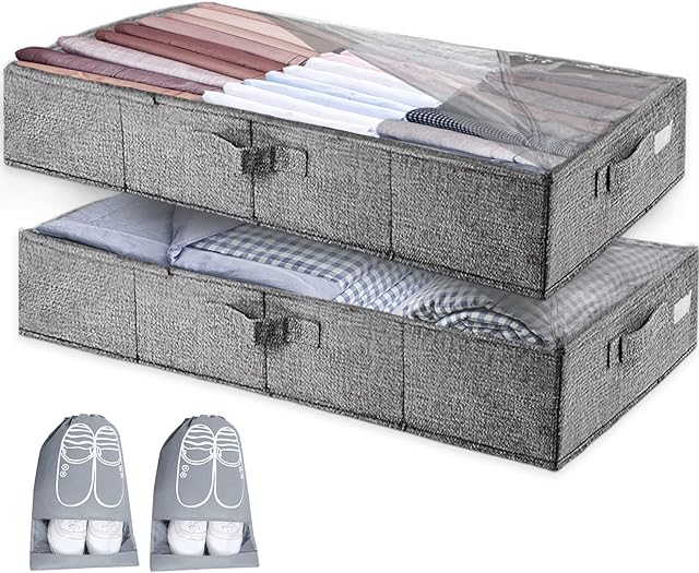 2PCS Foldable Under bed Storage Boxes Set, with Lids for Clothes&Toys, 1 Pack Collapsible Storage Bags with 2 Dividers&1 Pack without Divider&10 Pack Shoe Bags, Holding Shape Well, 85*43*15cm