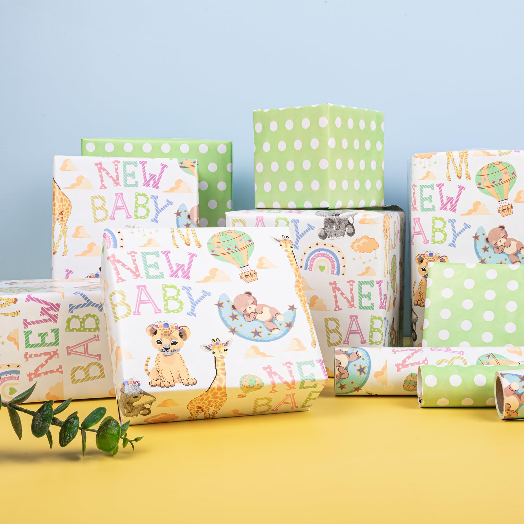 Altarho Papel de regalo reversible para baby shower para niños y niñas, 17 pulgadas x 33 pies, animales de jirafa león y nuevo diseño de bebé para baby shower, fiesta, cumpleaños, vacaciones