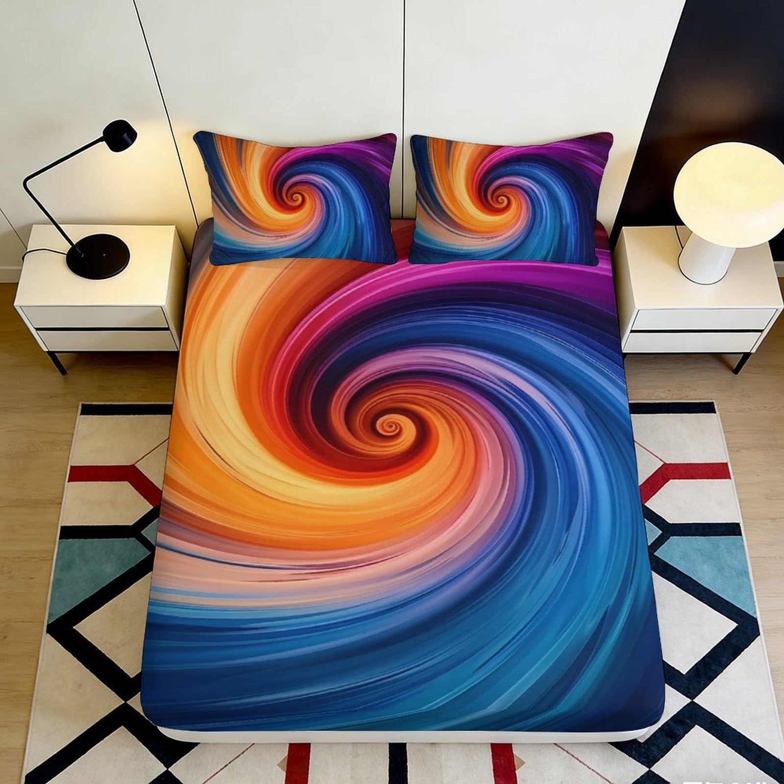 3D Printed Vivid Swirl Fitted Sheet Microfiber Colorful Spiral Mattress Cover for Bedroom Dorm Decor Easy Care 90x200x25cm