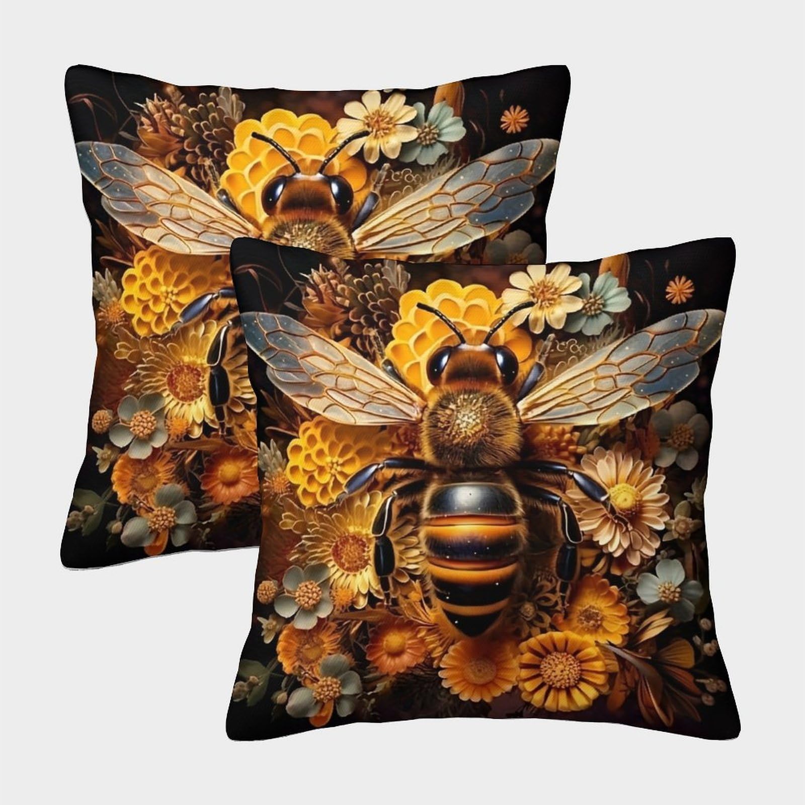 Bee Floral Art Pillow Covers 2 Pack Cozy Pillowcase Art Cushion Covers Zippered Decor for Couch Livingroom 50x50cm