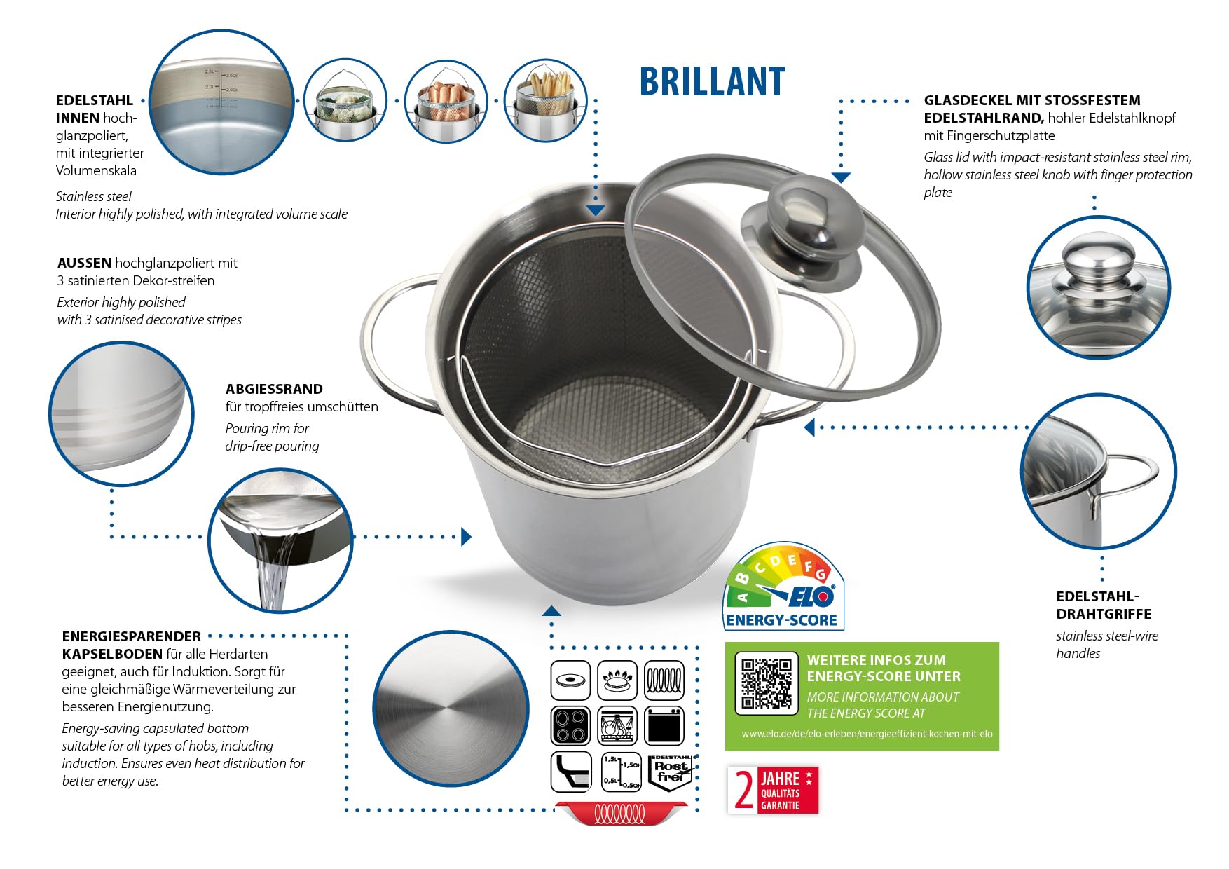 ELO Energiebesparende kookpot met glazen deksel, 24