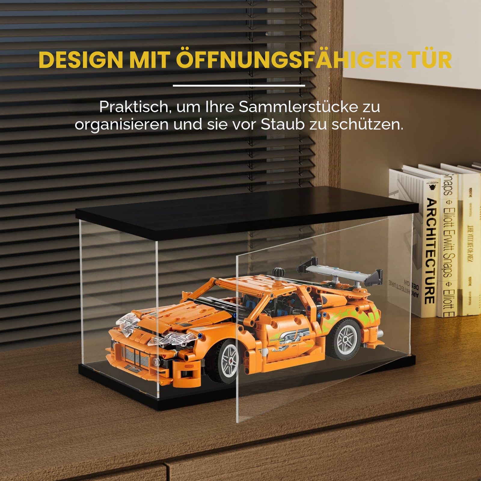 Acryl Vitrine Schaukasten mit LED-Licht, Transparente Vitrine für Lego 11375 42204 10330 10295 10337, Modellauto Schaukasten, Plexiglas Acrylbox für Sammlerstücke, 40x20x20cm, Schwarz