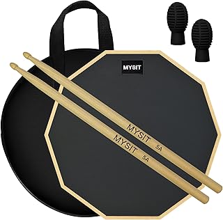 MySit 12-Inch Drum Practice Pad and Sticks Set With 2pcs Silicone Drumstick Mute Tips(Black), Double Sided Silent Snare Drum Pads With 5A Drum Sticks & Storage Bag for Real Feel Practice Drumming