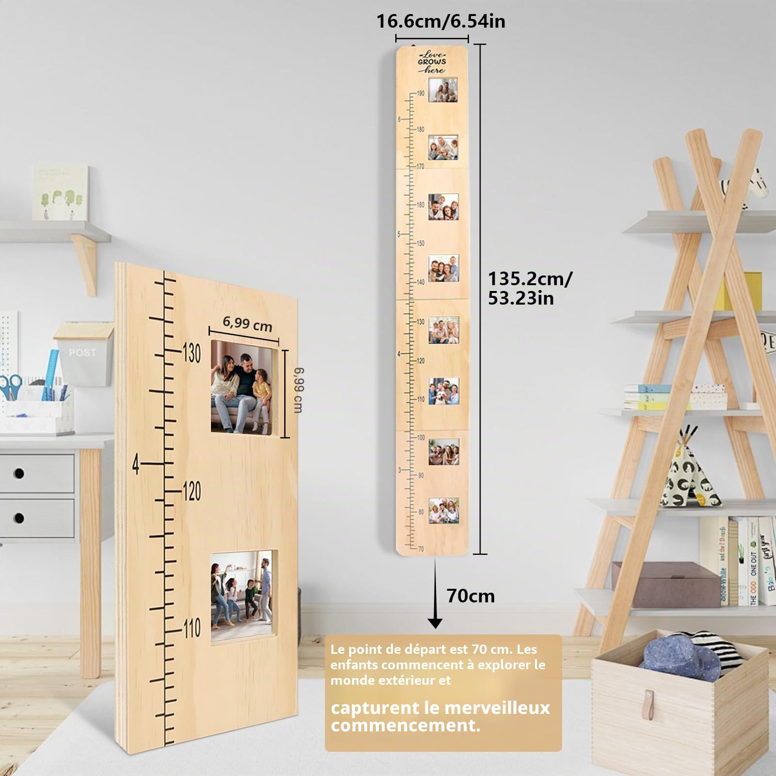 Bois Massif, Toise pour Chambre d'enfant Personnalisée, 70-190 cm - Toise Enfant Bois, Hauteur Mesure pour Enfants en Bois avec Cadre Photo, Cadeau Personnalisé pour Enfants et Bébés