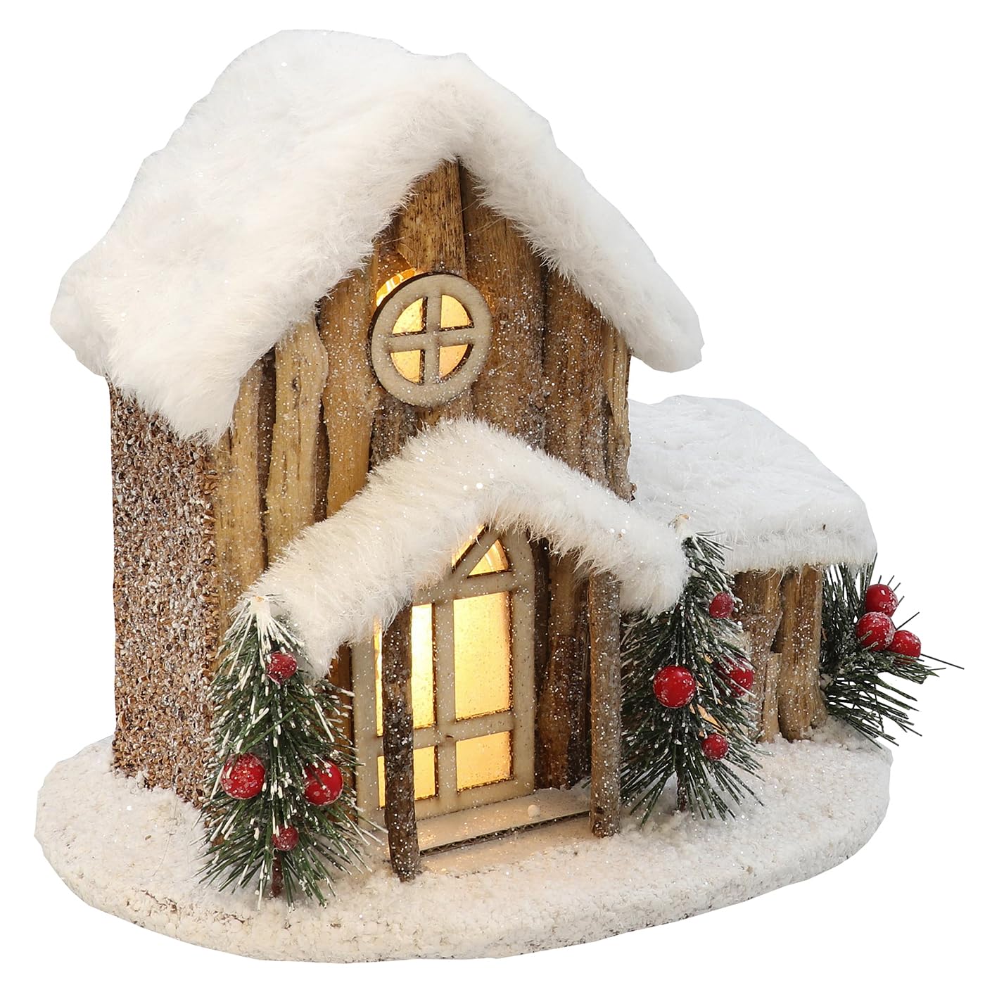 Shudehill Giftware LED Winter Cottage, Rustic Wooden Christmas House Decoration with Snow-Covered Roof, Pine Trees, Red Berries, Battery Operated Light Up Holiday Scene