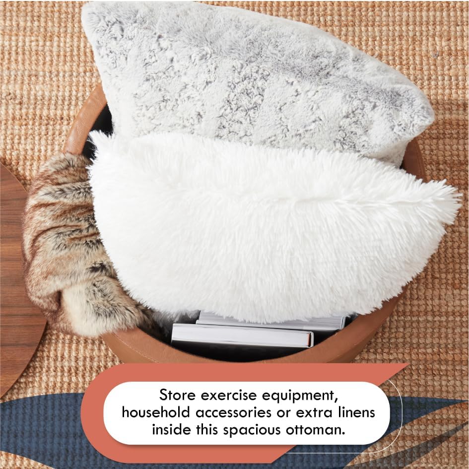 Ornavo Home 22 inch Large Round Ottoman Coffee Table Storage Ottoman with Wooden Lift Off Lid, Ottoman with Storage for Living Room, Bedroom and Office, Faux Leather Mocha