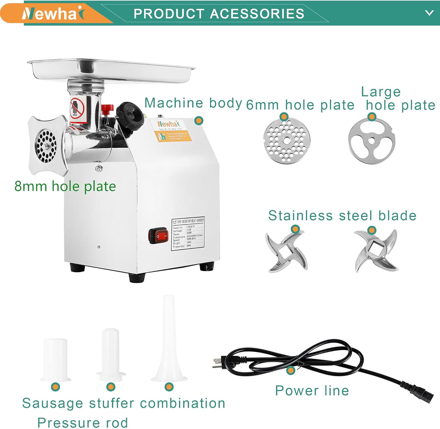 Newhai 1.3HP Commercial Meat Grinder, Electric Meat Grinding Machine, Heavy Duty Industrial Meat Mincer, Sausage Stuffer Grinding Plates Stuffing Tubes, Grinding Chicken Bones for Restaurant: Home & Kitchen