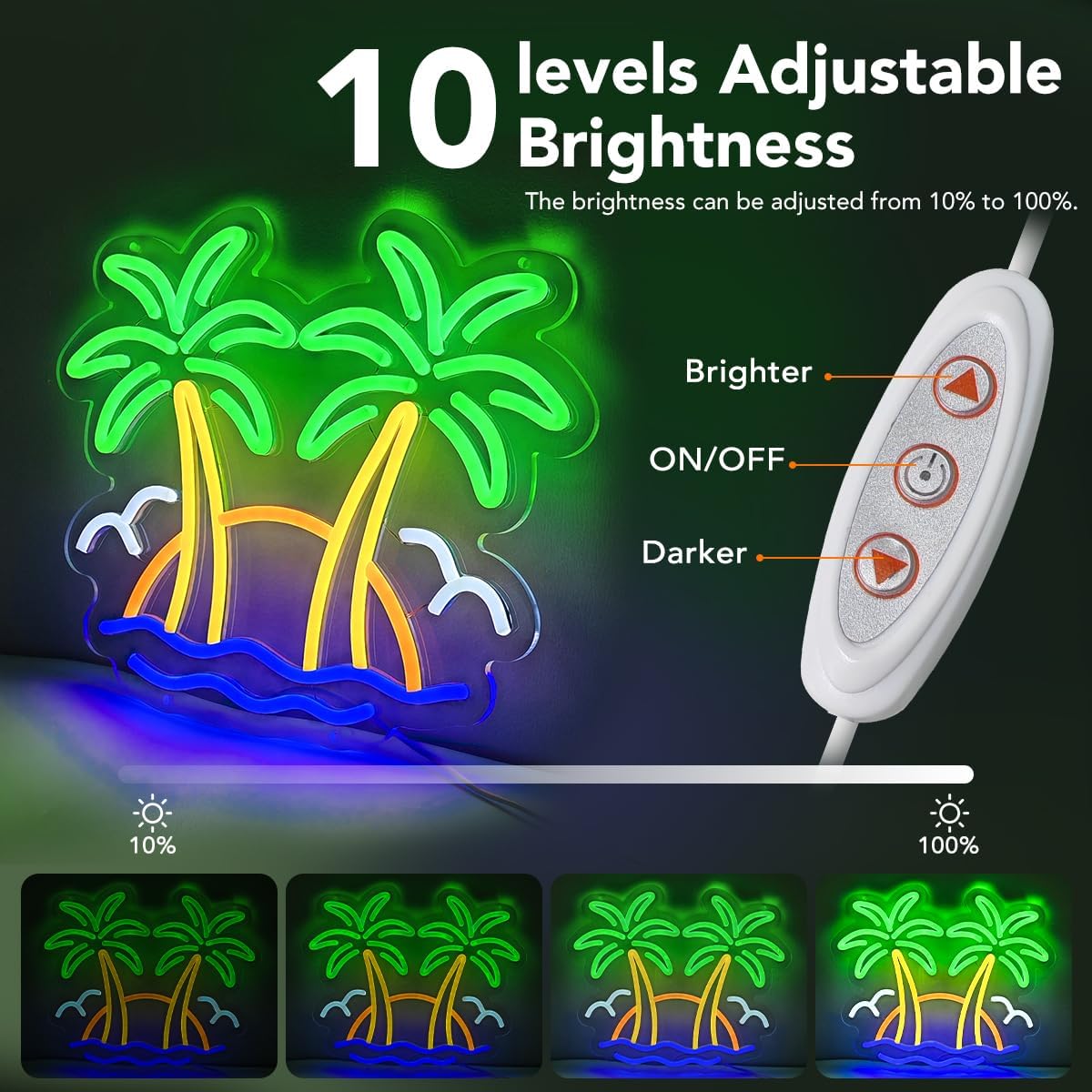 Tropical Neon Sign Double Coconut Palm Tree, Dimmable Beach Sunset LED Neon Light, Tropical Ocean Seagull Wall Decor for Man Cave Home Bar, Tiki Bar, Hawaii Club, Bedroom, Gift for Dad Father Him, RV Travel Trailer Beach Party Decor