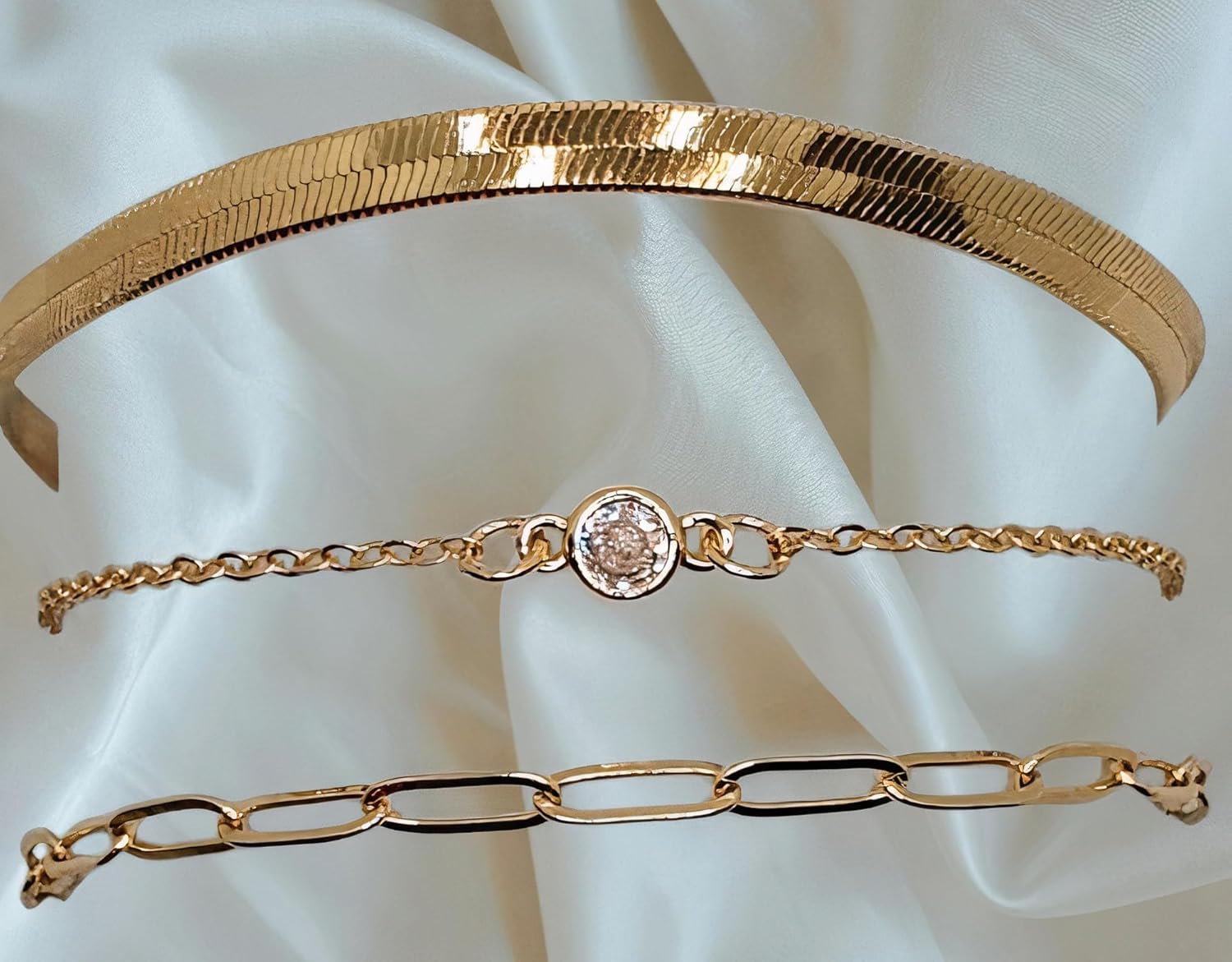 AMARYLIA Elegant Gold-Plated Bracelet Set for Women – Hypoallergenic & Waterproof Jewelry, Stylish Stackable Bangles for Everyday & Special Occasions, Herringbone, Paperclip, Cable chain bracelets, Fashion Trendy and Elegant Accessories Gifts for Womens - Image 3