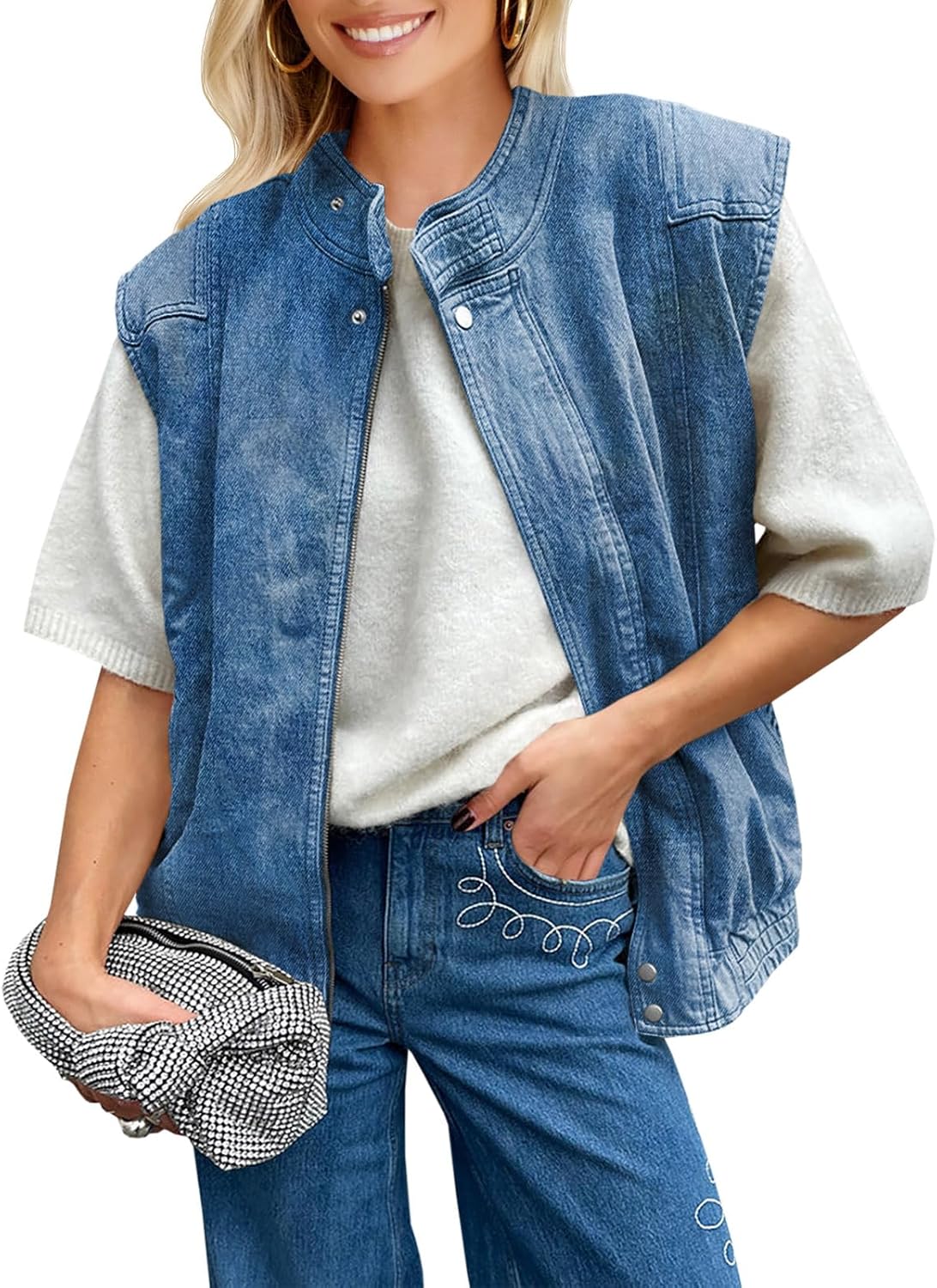 Tankaneo Womens Denim Vest Casual Zip Up Jean Vest Tops Utility Cargo Oversized Sleeveless Jacket