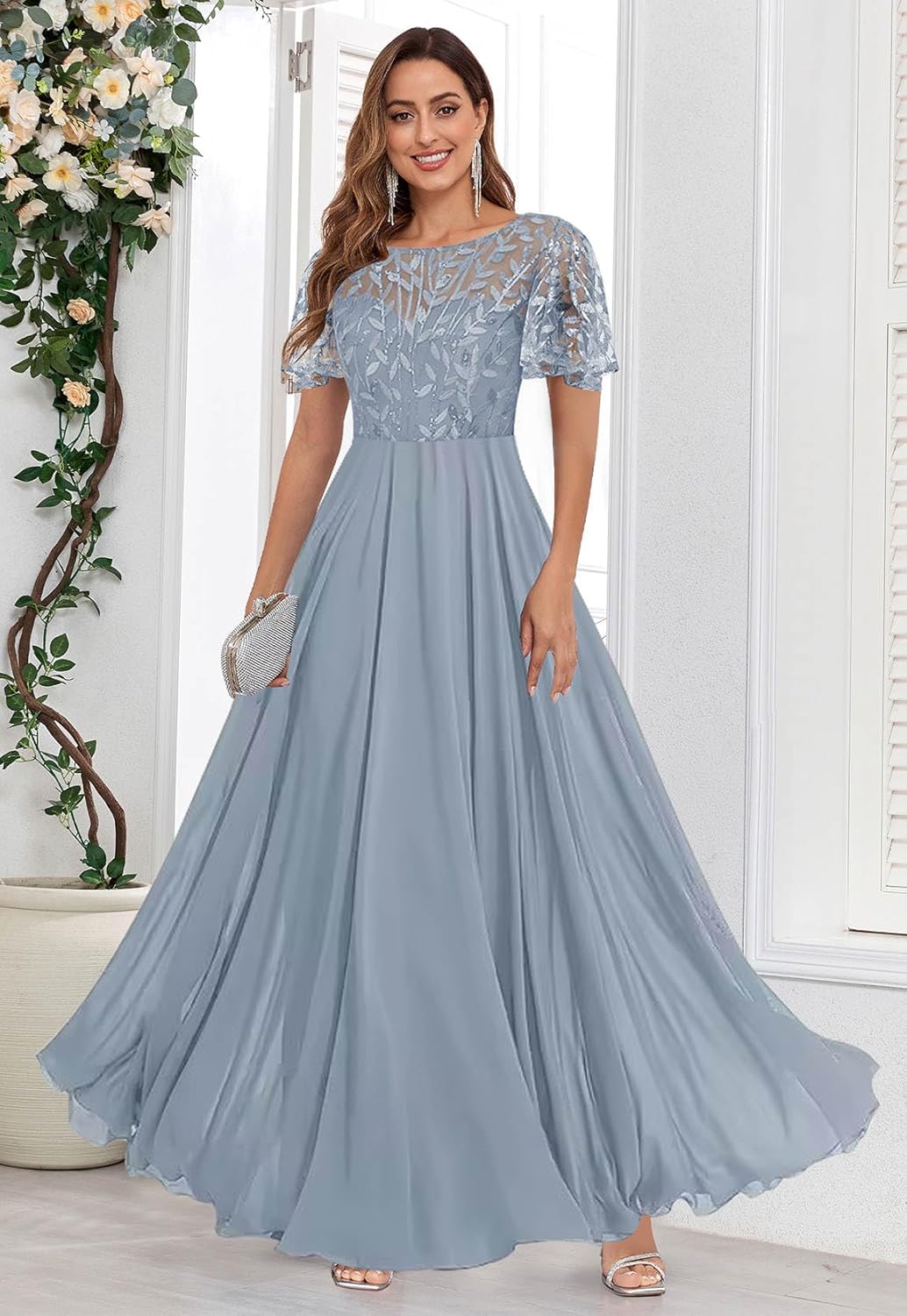 Fu Jiang Short Sleeve Sequin Mother of The Bride Dresses Chiffon A Line Pleated Long Formal Evening Dress with Pockets